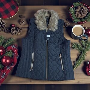 Black rivet Quilted Black Vest with Faux Fur Collar